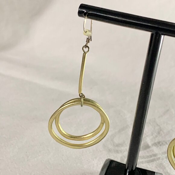 Handmade Modernist Brass Double Ring Bar Drop Dangle Earrings - Picture 3 of 5
